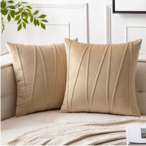 Decorative Striped Throw Pillow Covers 16 X 16 Inch,Soft Solid Velvet Pillow Covers Cushion Case With Zigzag Pattern For Sofa Bedroom 40 X 40 Cm (Pack Of 2) Beige, 150 Tc